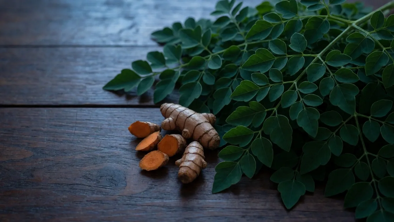 Moringa leaves and turmeric root photographed under dawn light