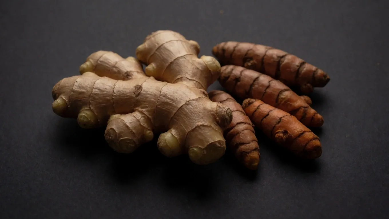 Raw ginger and turmeric roots on a dark matte surface under soft pre-dawn light