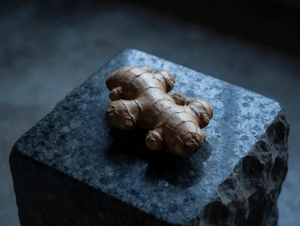 Turmeric root and ginger root on a matte charcoal surface under dawn light