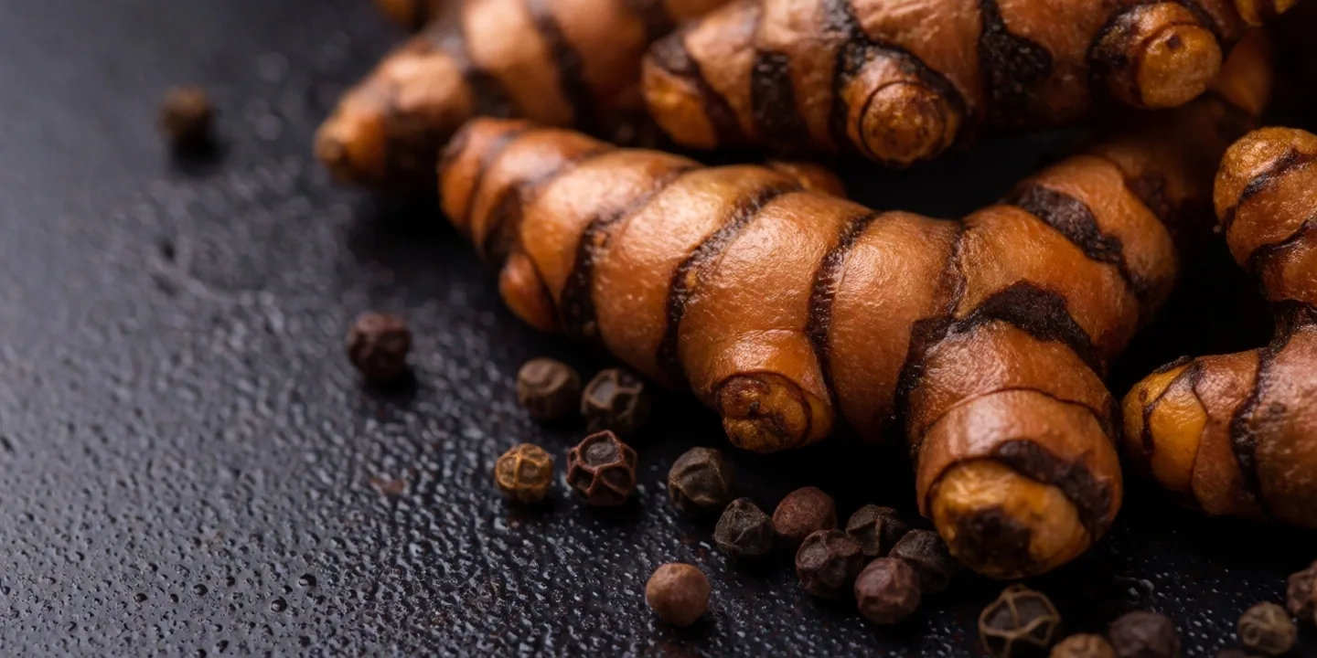 Fresh turmeric root cut open showing its deep orange interior on a dark matte surface