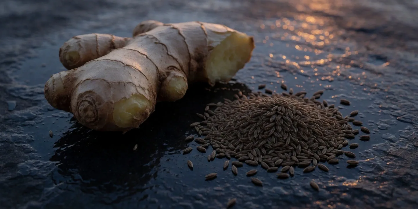 Fresh ginger root and dark seeds on a matte charcoal surface under pre-dawn light