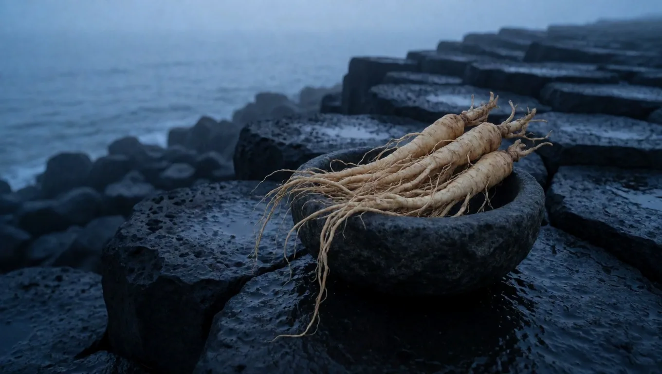 Fresh ginger, turmeric, ginseng, and dark seeds arranged on a matte charcoal surface under cool pre-dawn light