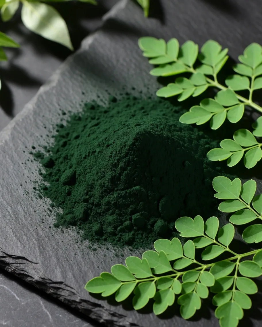 Moringa leaves and spirulina powder on a dark matte surface