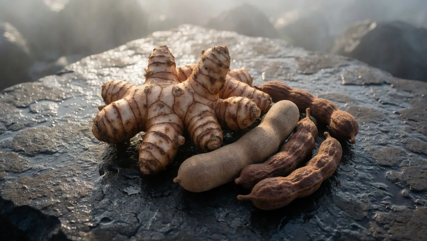 Raw ginseng and turmeric roots on a dark matte surface under pre-dawn light