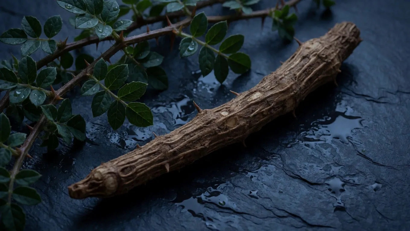 Tongkat Ali root and Tribulus plant material on a dark surface under cool light